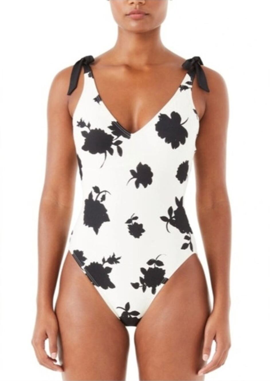 Kate Spade Floral One Piece Swimsuit Cream Black Bow Shoulder Detail Size Small